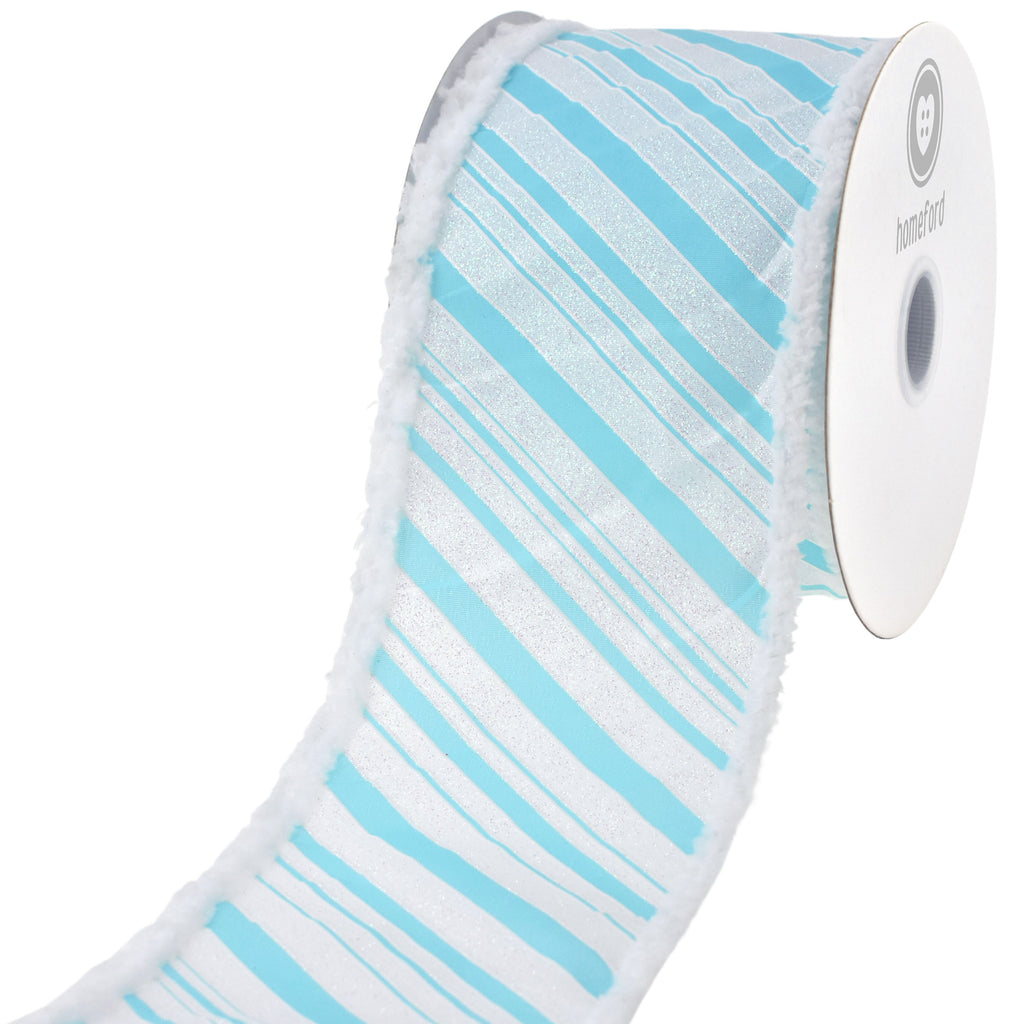 Christmas Glittered Stripes Snowy Edge Wired Ribbon, 4-inch, 10-yard