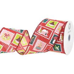 Christmas Icon Stamp Collage Wired Ribbon, 10-yard