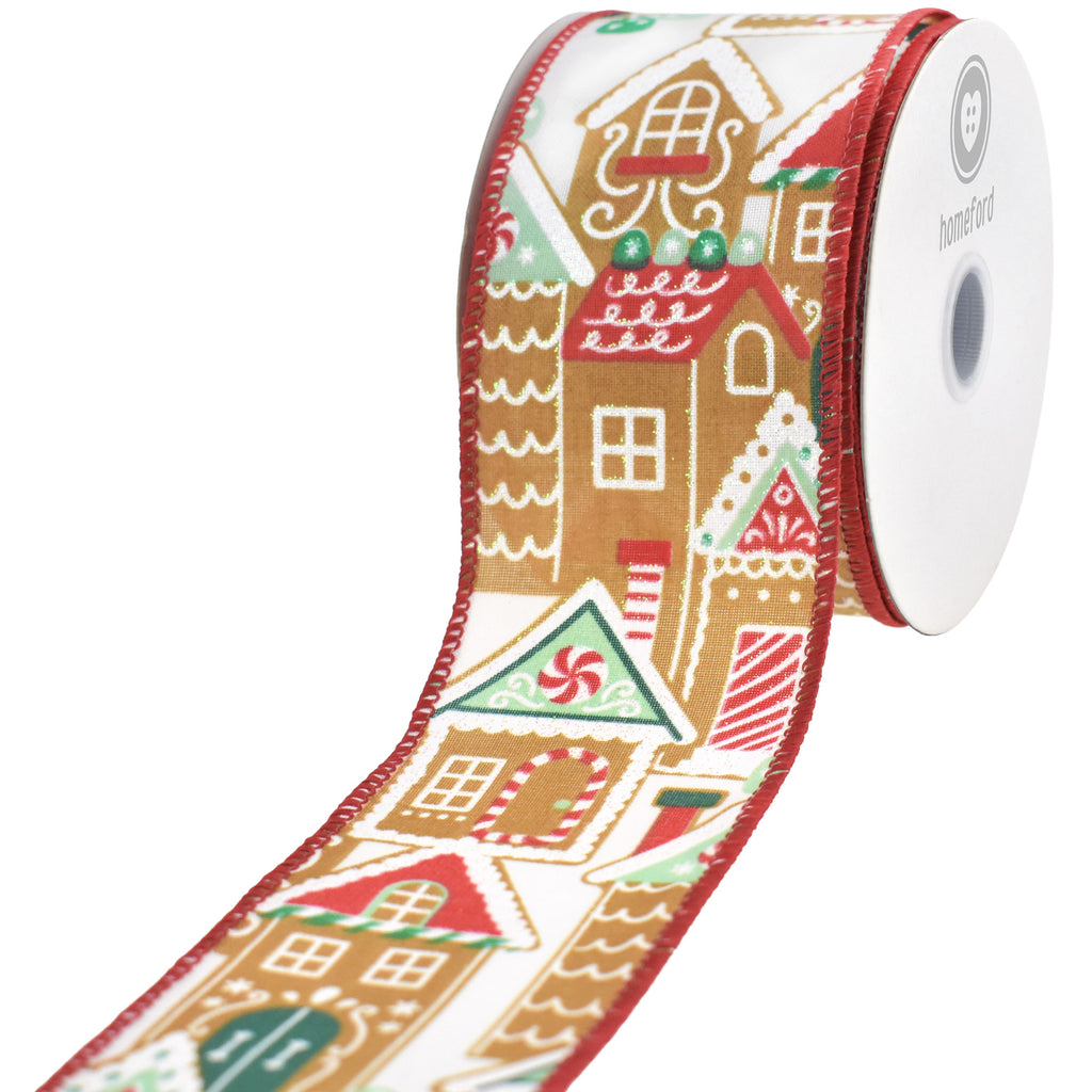Christmas Iridescent Gingerbread Village Wired Ribbon, 10-yard