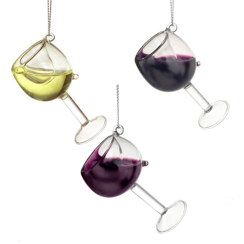 Glass Wine Glass Christmas Tree Ornaments, 4-Inch, 3-Piece