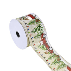 Christmas Linen Truck/Camper Wired Ribbon, 2-1/2-Inch, 10-Yard - Natural