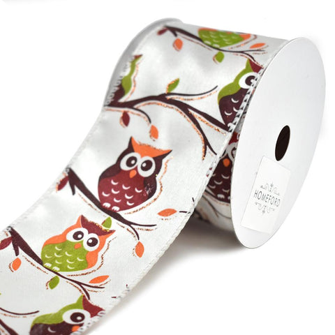 Glitter Owl on Branches Satin Wired Ribbon, Multi-Color, 2-1/2-Inch