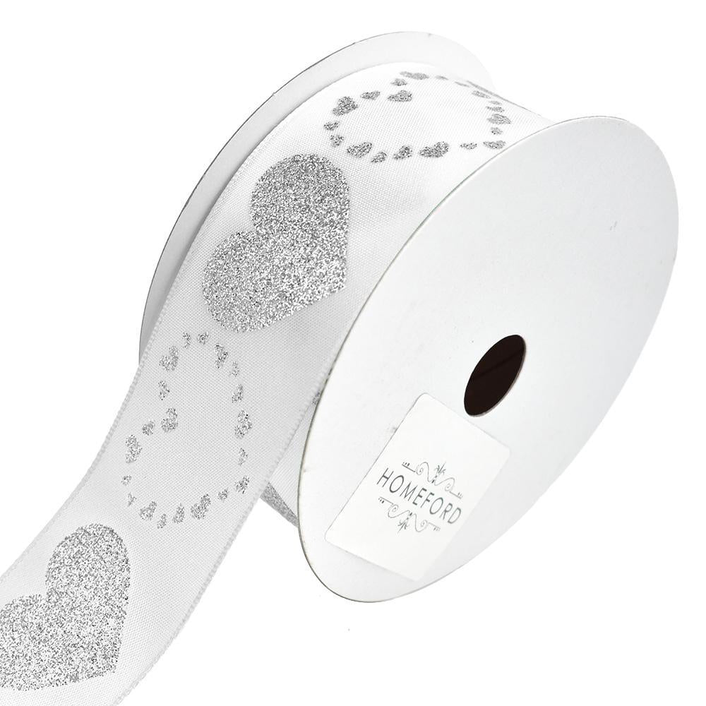 Glitter Flutter Hearts Satin Ribbon, White/Silver, 1-1/2-Inch, 10-Yard