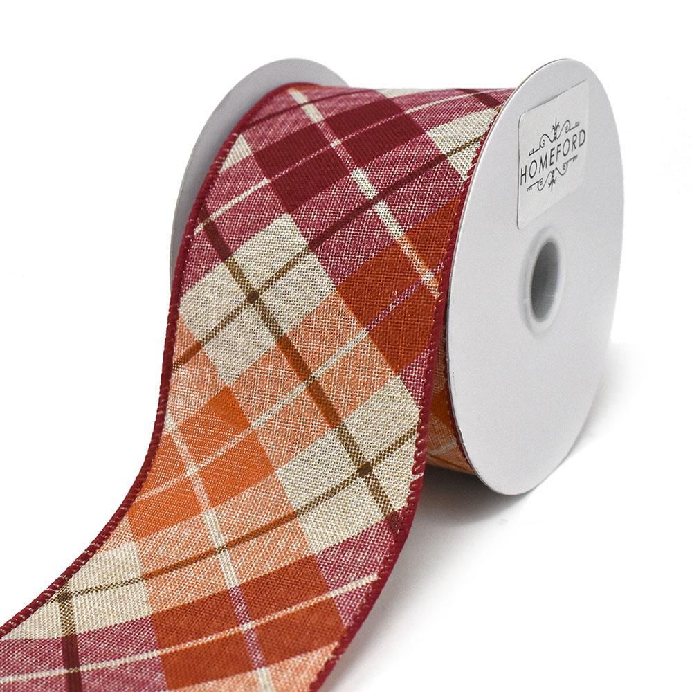 Diagonal Plaid Pattern Wired Ribbon, Red/Orange, 2-1/2-Inch, 10-Yard