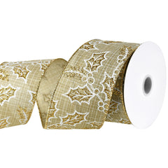 Christmas Holly Glittered Outlines Faux Linen Wired Ribbon, 2-1/2-inch, 10-yard