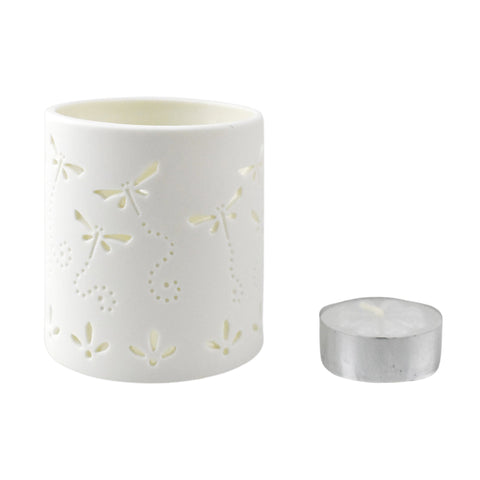 Dragonfly Cylinder Tea Light Candle Holder, 2-3/4-Inch - White