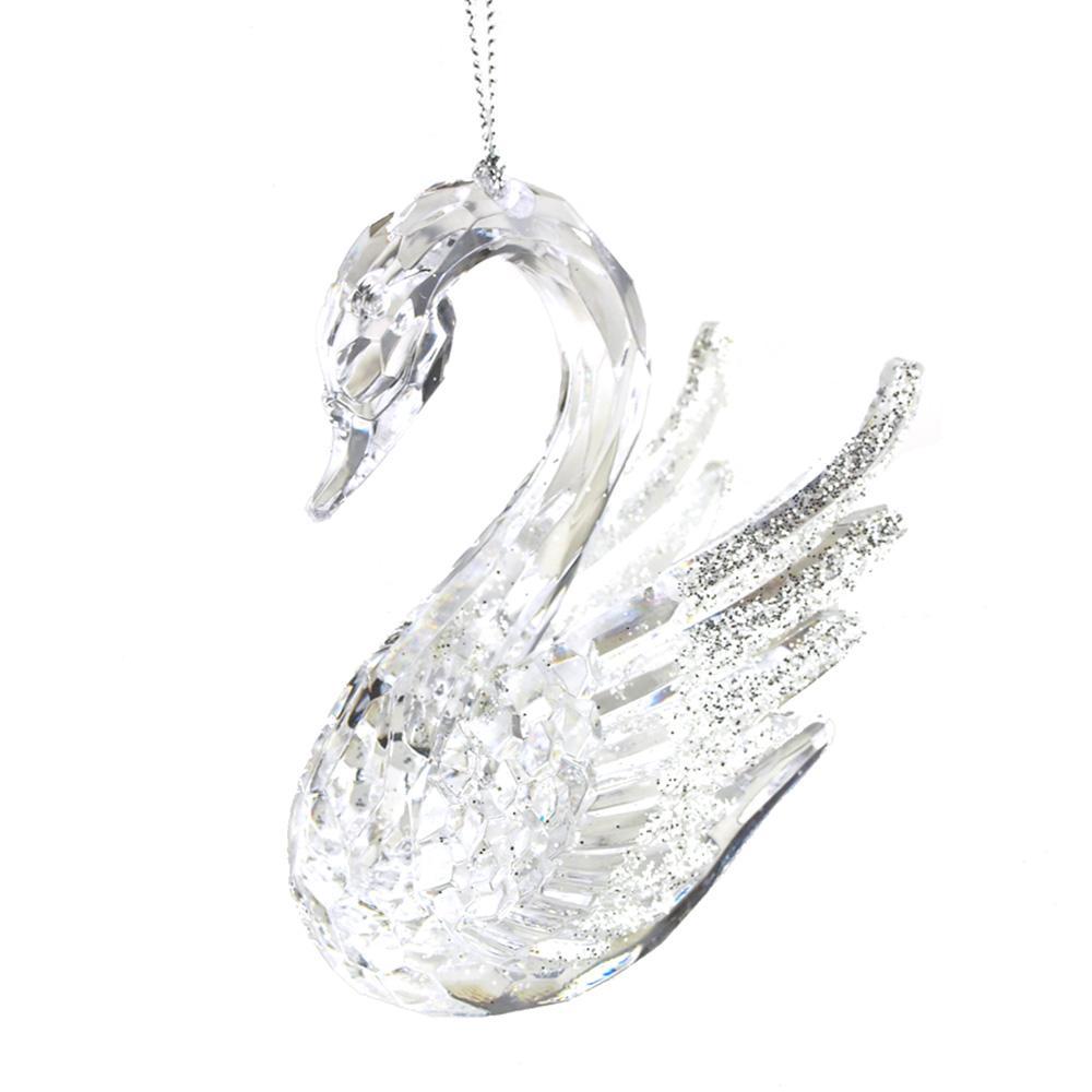 Acrylic Glass Glitter Swan Christmas Tree Ornaments, Clear/Silver, 4-Inch