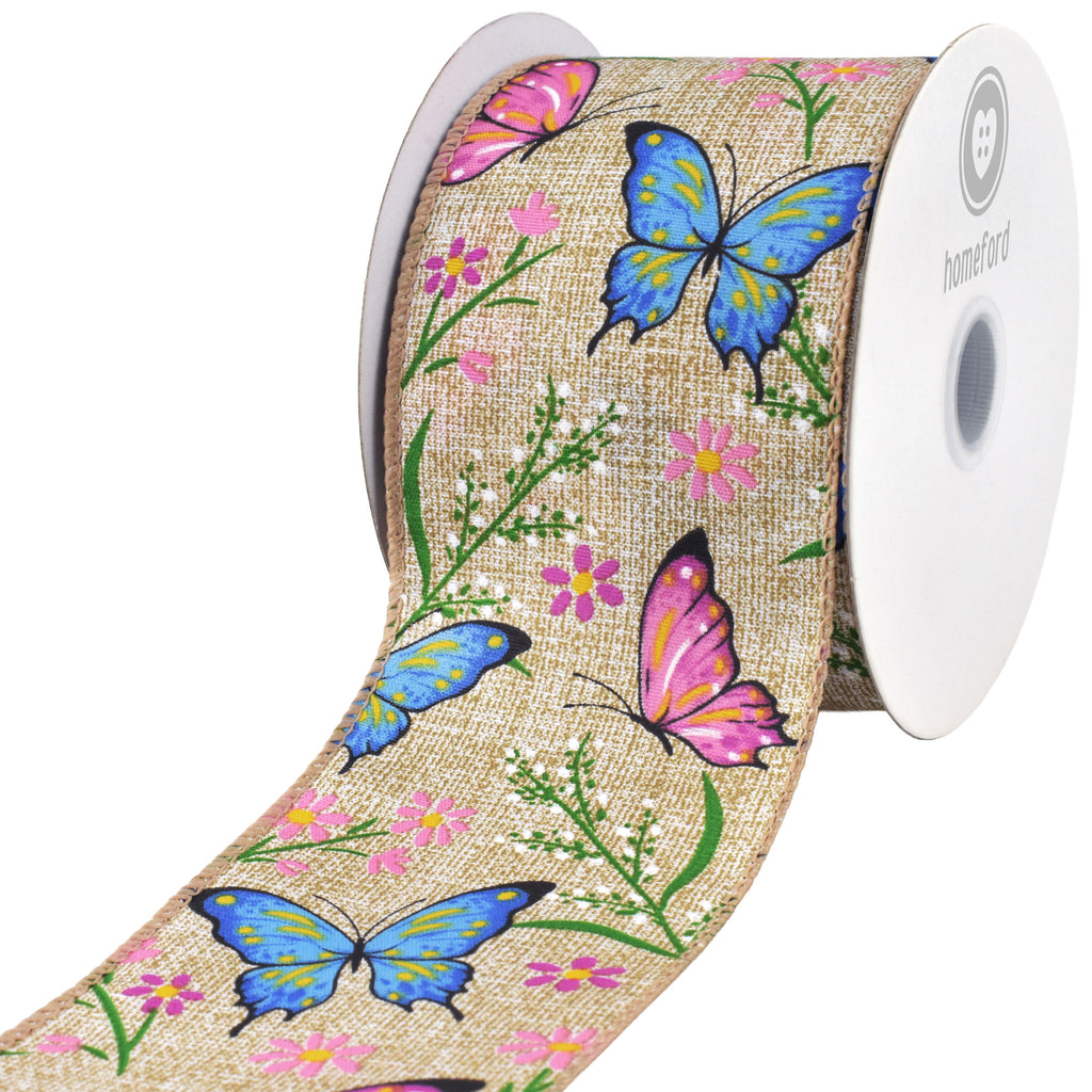 Spring Flowers and Butterflies Wired Ribbon, 2-1/2-inch, 10-yard