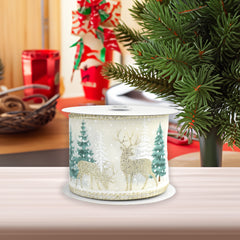 Christmas Snowy Trees Reindeer Satin Wired Ribbon, 10-yard