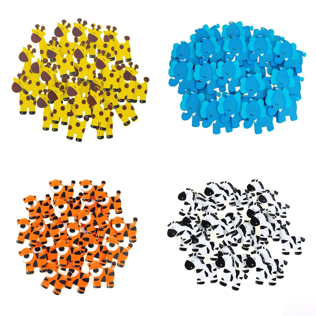 Safari Zebra, Tiger, Elephant, and Giraffe Animal Wooden Baby Favors, 1 1/4-Inch, 100-Piece