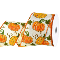 Dotted Pumpkins Faux Burlap Wired Autumn Fall Ribbon, 2-1/2-inch, 10-yard