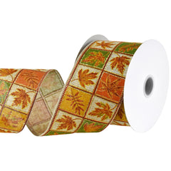 Leaves Quilt Boxes Faux Linen Wired Autumn Fall Ribbon, 2-1/2-inch, 10-yard