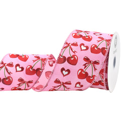 Valentine's Heart Shaped Cherries Wired Ribbon, 10-yard