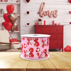 Valentine's Heart Shaped Cherries Wired Ribbon, 10-yard