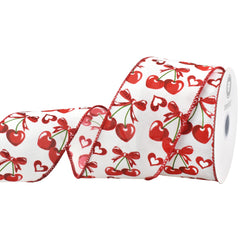 Valentine's Heart Shaped Cherries Wired Ribbon, 10-yard