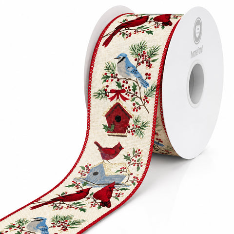 Cardinal & Birdhouse Glitter Linen Wired Edge Ribbon, 2-1/2-inch, 20-yard