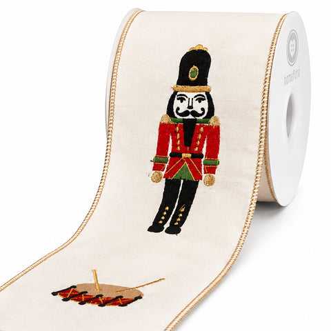 Nutcracker Embroidered Wired Edge Ribbon, 4-inch, 5-yard
