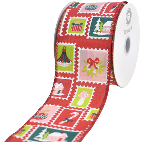 Christmas Icon Stamp Collage Wired Ribbon, 10-yard
