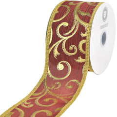Christmas Metallic Embossed Swirls Wired Ribbon, 10-yard