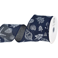 Summer Stamped Beach Icons Faux Linen Wired Ribbon, 2-1/2-inch, 10-yard