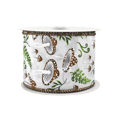 Spring Mushrooms Ferns Wried Ribbon, 2-1/2-inch, White/Brown, 10-yard