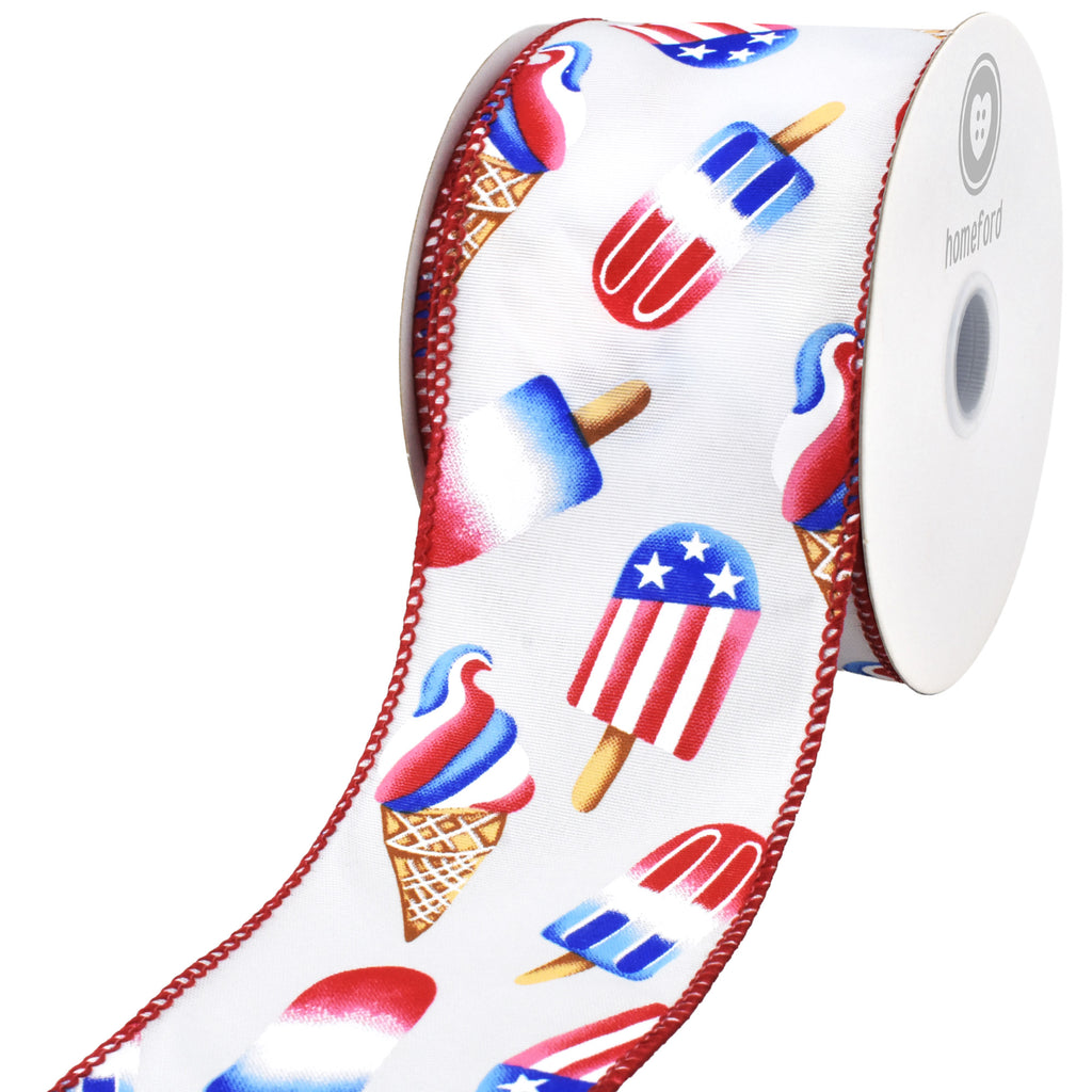 Patriotic Ice Cream Popsicles Wired Ribbon, 10-yard