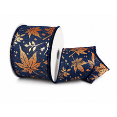 Metallic Embossed Autumn Leaves Linen Wired Ribbon, 10-yard