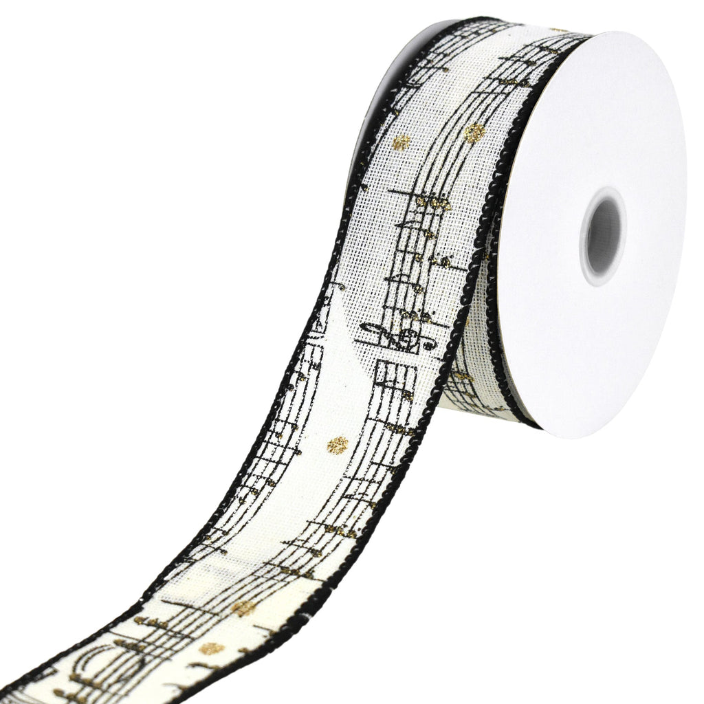 Music Sheet Notes Faux Linen Wired Ribbon, 10-yard