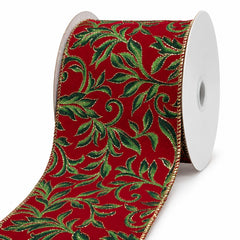 Glitter Vine Swirl Christmas Velvet Wired Ribbon, 10-yard