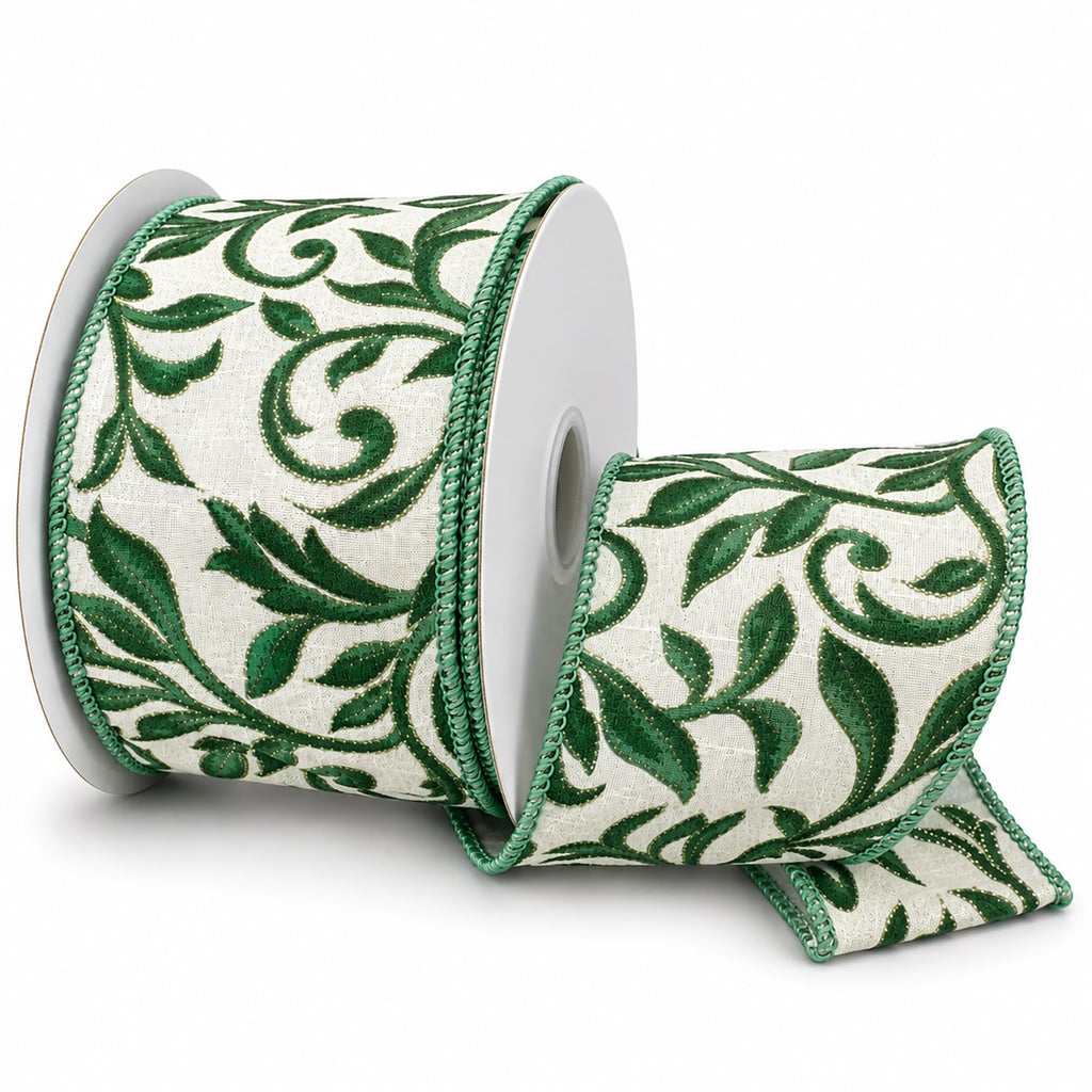 Glitter Vine Swirl Dupioni Wired Ribbon, 2-1/2-inch, 10-yard