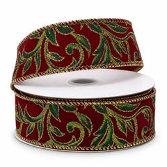 Glitter Vine Swirl Christmas Velvet Wired Ribbon, 10-yard