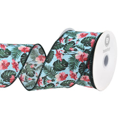 Printed Hibiscus Monstera Leaves Faux Linen Wired Ribbon, 2-1/2-inch, 10-yard