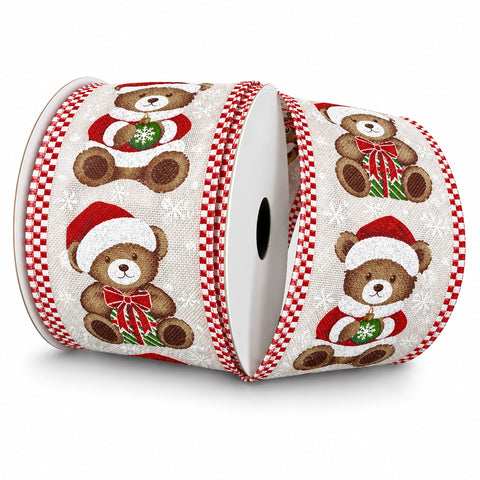 Glitter Christmas Teddy Bear Linen Wired Ribbon, 2-1/2-inch, 10-yard