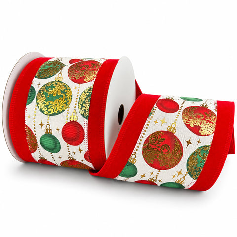 Christmas Ornament Linen Wired Ribbon, 4-inch, 10-yard
