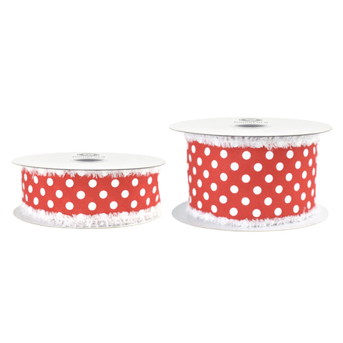 Christmas Satin Polka Dots Fuzzy Edge Wired Ribbon, 10-yard