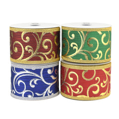 Christmas Metallic Embossed Swirls Wired Ribbon, 10-yard