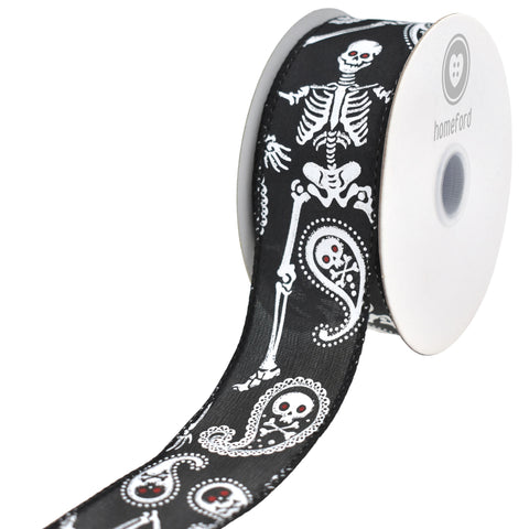 Halloween Paisley Skull Satin Wired Ribbon, 10-yard