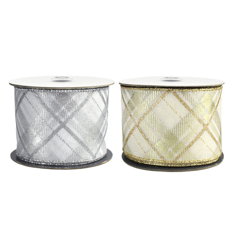 Christmas Metallic Plaid Twill Wired Ribbon, 2-1/2-inch, 10-yard