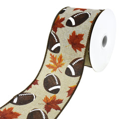 Leaves and Footballs Wired Autumn Fall Ribbon, 10-yard