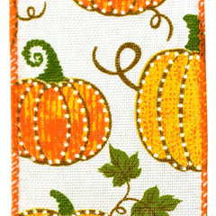 Dotted Pumpkins Faux Burlap Wired Autumn Fall Ribbon, 2-1/2-inch, 10-yard
