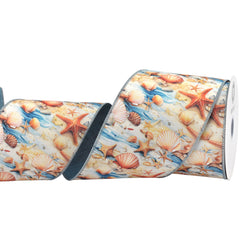 Summer Starfish Seashells Tidepool Deluxe Wired Ribbon, 10-yard