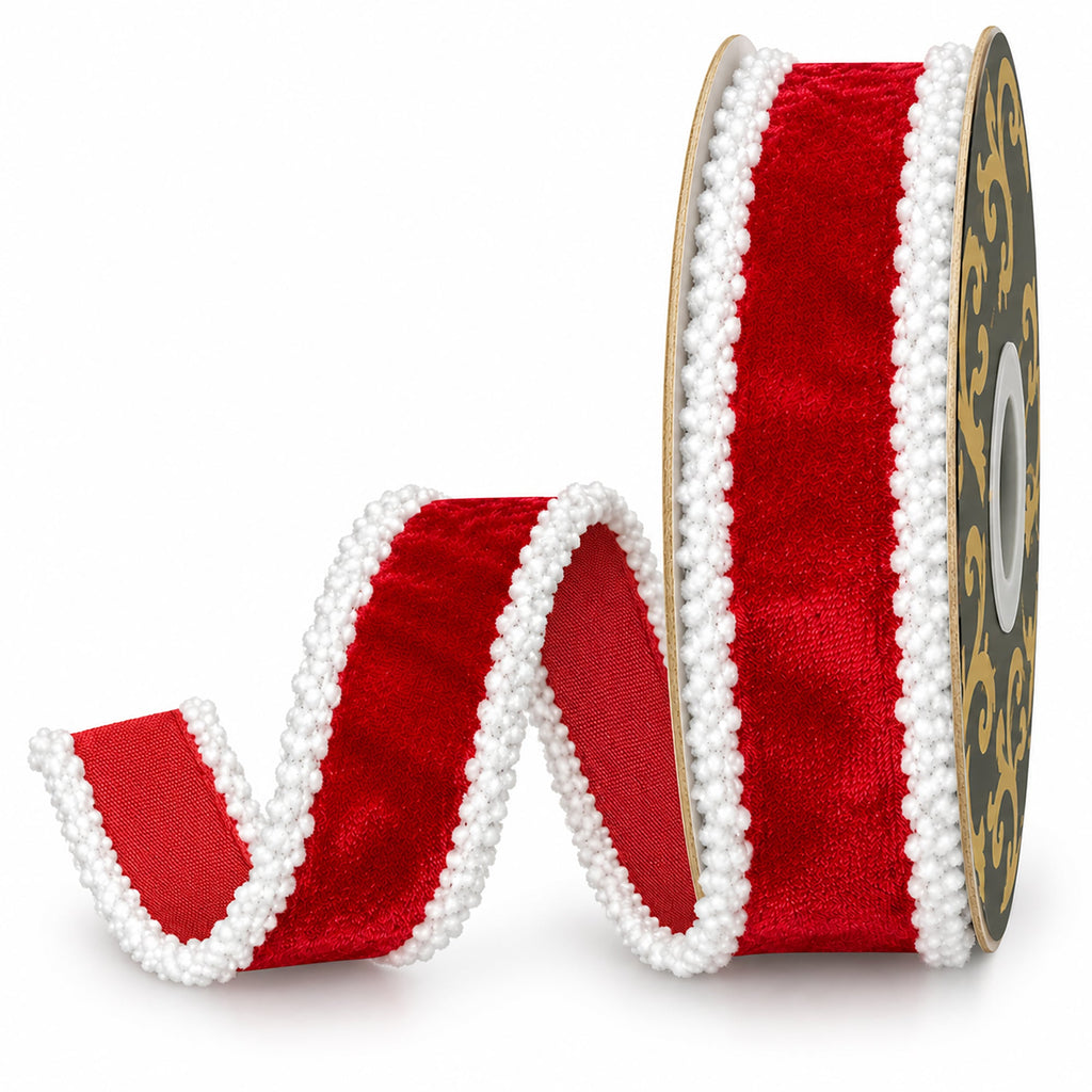 Christmas Plush Velvet Snowball Edge Wired Ribbon, 1-inch, 10-yard