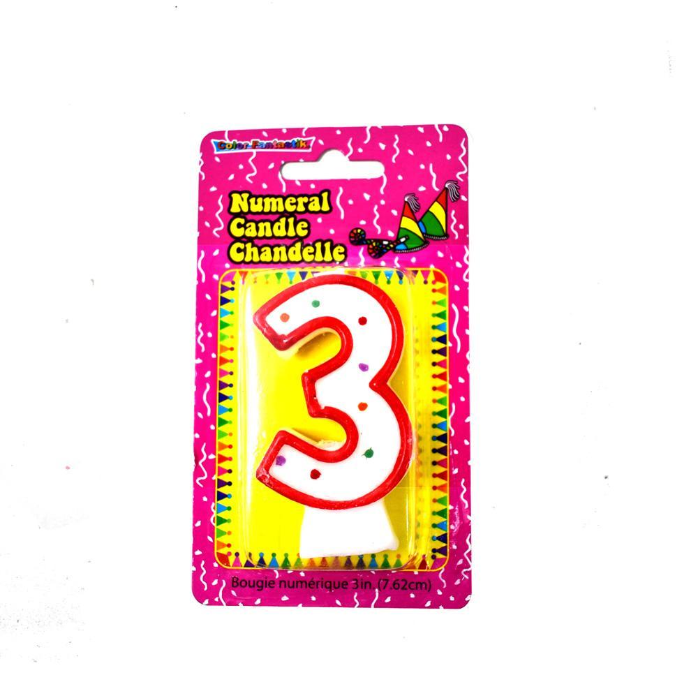 Numeral Three Birthday Candle, Multicolor, 3-1/4-Inch