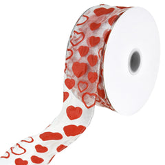 Flocked Heart Organza Ribbon Wired Edge, 1-1/2-inch, 25-yard