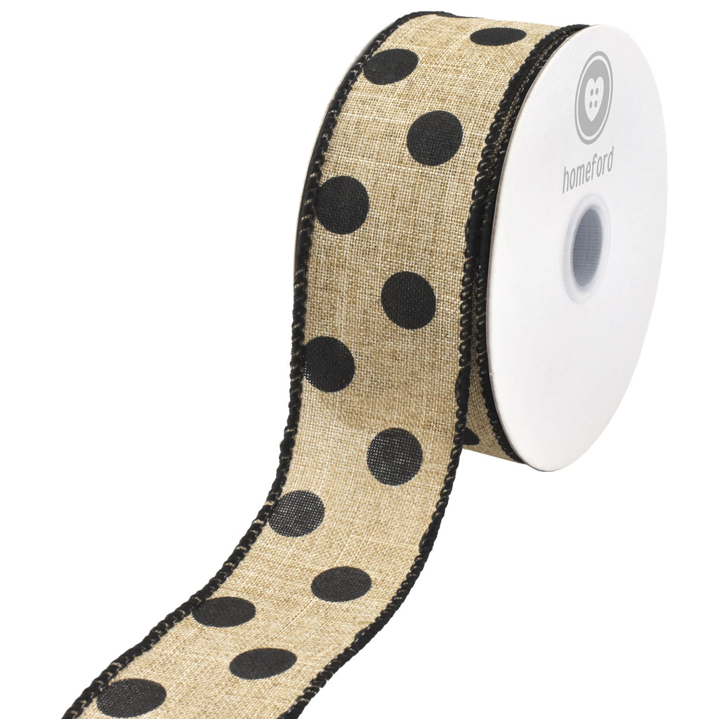 Polka Dots Natural Faux Linen Wired Ribbon, 1-1/2-Inch, 10-Yard
