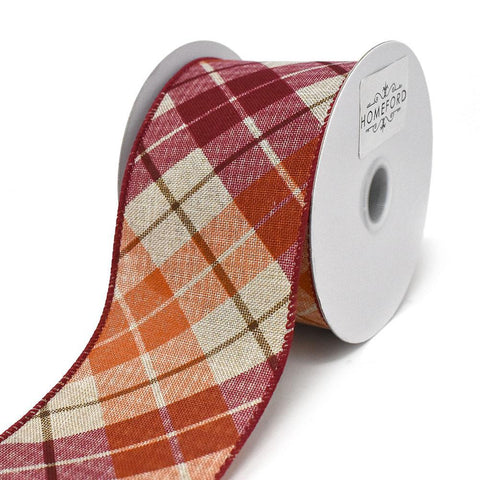 Diagonal Plaid Pattern Wired Autumn Fall Ribbon, Red/Orange,  2-1/2-Inch, 10-Yard