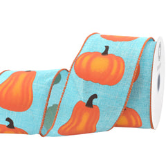 Thanksgiving Pumpkin Gourds Faux Linen Wired Ribbon, 10-yard