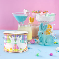 Easter Pastel Plaid Flocked Bunnies Wired Ribbon, 10-yard