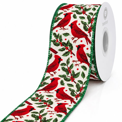 Cardinal & Holly Linen Wired Edge Ribbon, 2-1/2-inch, 10-yard