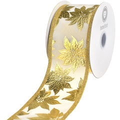 Christmas Metallic Embossed Poinsettias Wired Ribbon, 10-yard